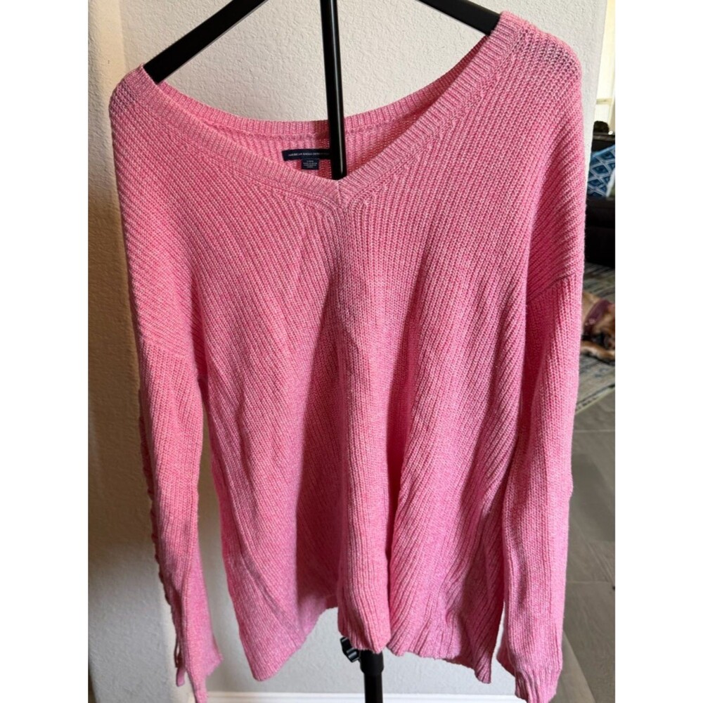 American Eagle Outfitters Pink Ribbed Knit V-Neck Sweater L